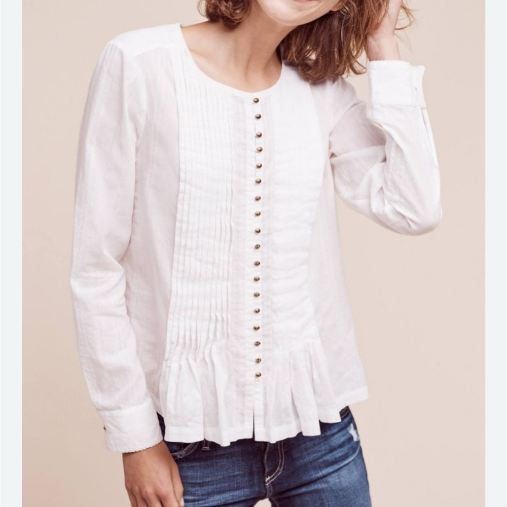 Maeve Anthropology Gelise Ivory Pleated Gold Button-Front Blouse Size Medium